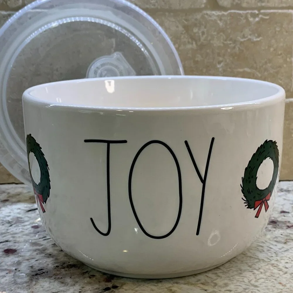 Rae Dunn JOY Holiday Ceramic Food Storage Container With Vented Plastic Lid
